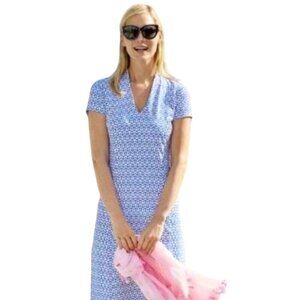 J. Mclaughlin Ivana Dress Blue White Geometric Short Sleeve V Neck Size XS
